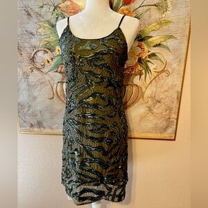 Sz M Alice + Olivia Vintage Safari Green Silk Beaded Sequin Mini Dress